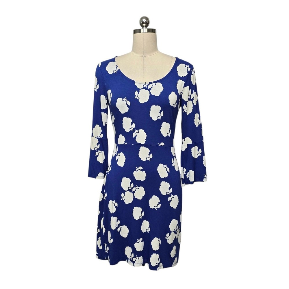 Boden Blue White Floral Bell Sleeve Fit Flare Dress J0112 Size US 4R UK 8R
